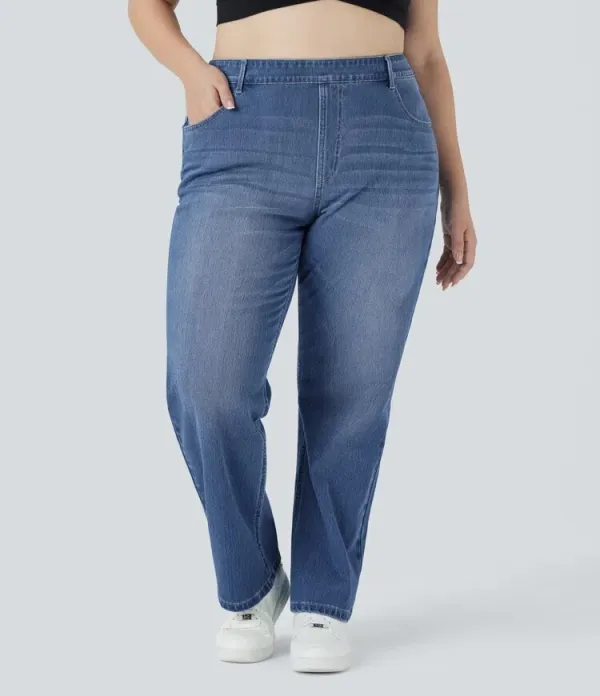 High Waisted Multiple Pockets Straight Leg Washed Stretchy Knit Casual Jeans