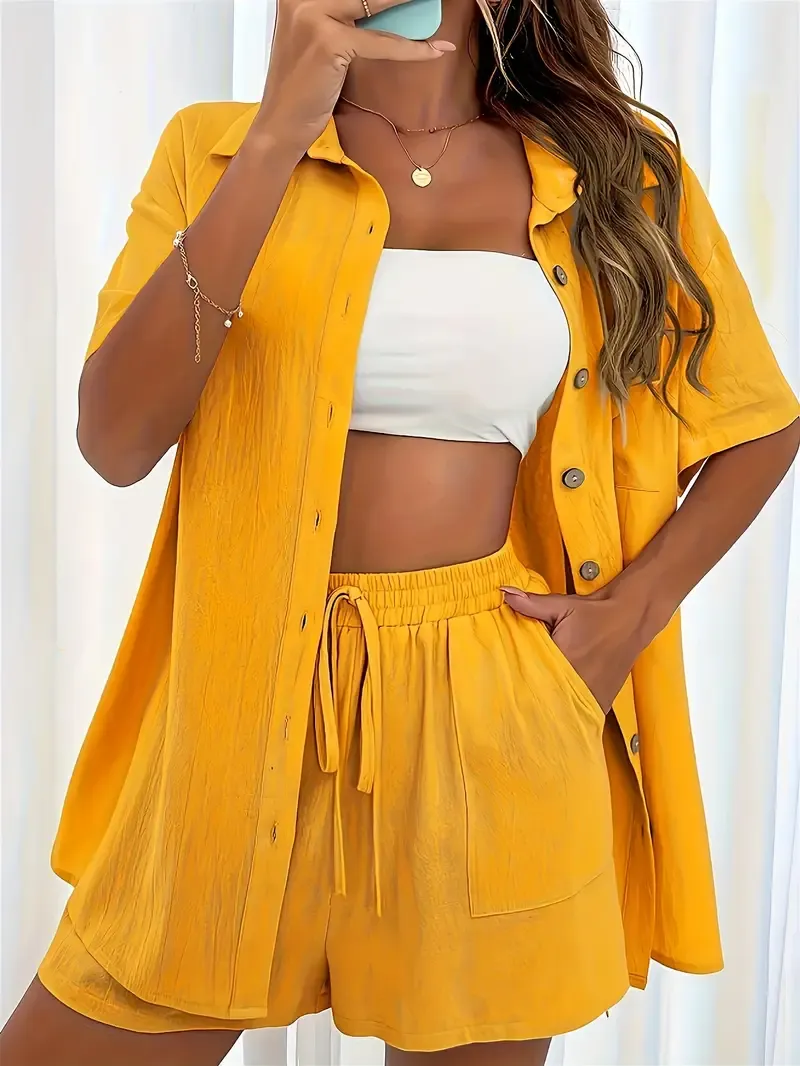 Women's Shirt and Shorts Solid Color Pocket Tie Simple Fashion Two-piece Set