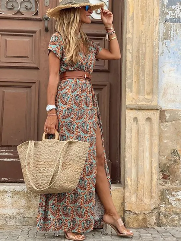 Women's Swing Dress Maxi long Dress Boho Dress Black Red Brown Short Sleeve Print Split Ruffle Button Spring Summer V Neck Vintage 2023 S M L XL XXL 3XL