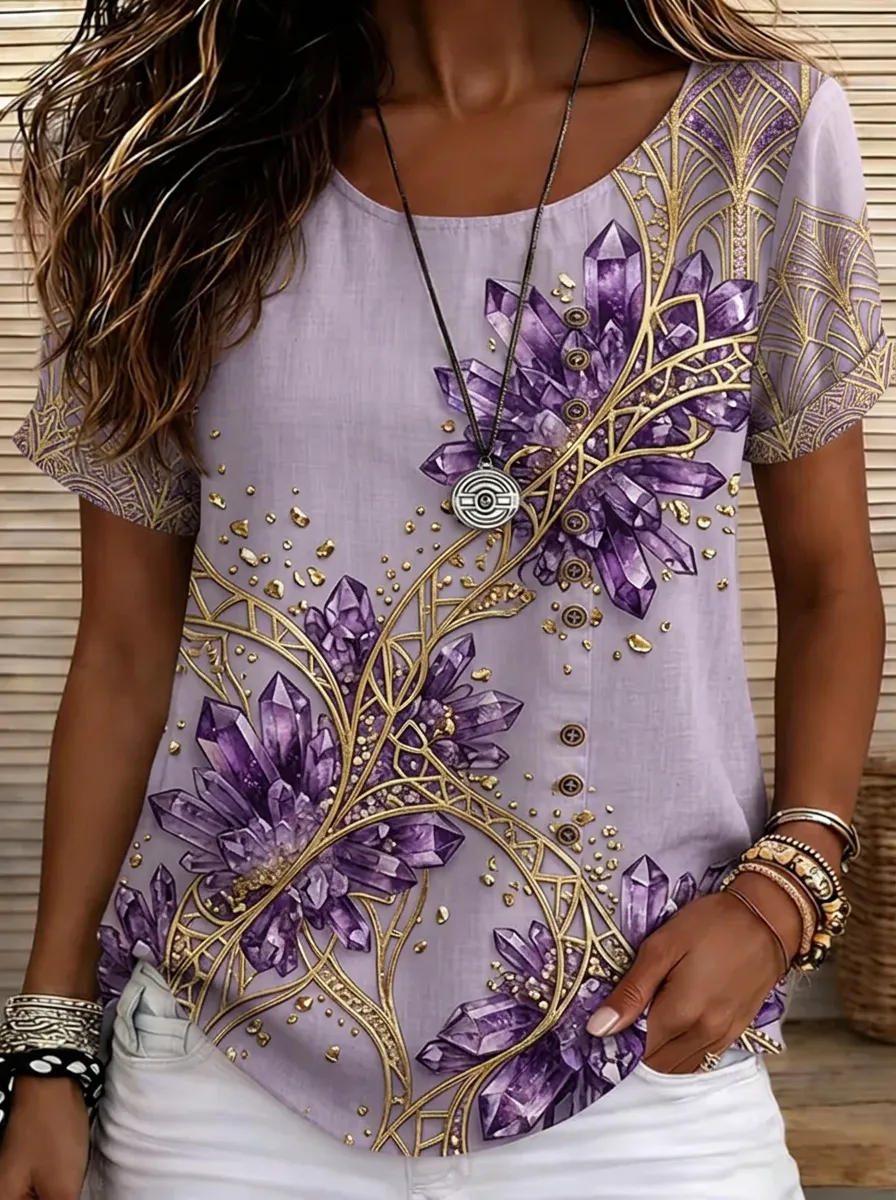 Women's Nashville Theme Purple Crystal Gold Geometric Printed Top
