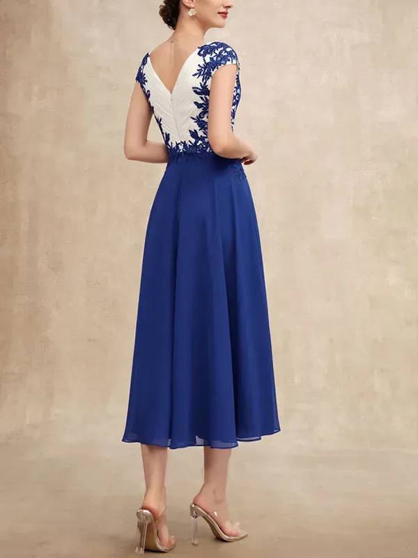 V Neck Chiffon Lace Midi Dress