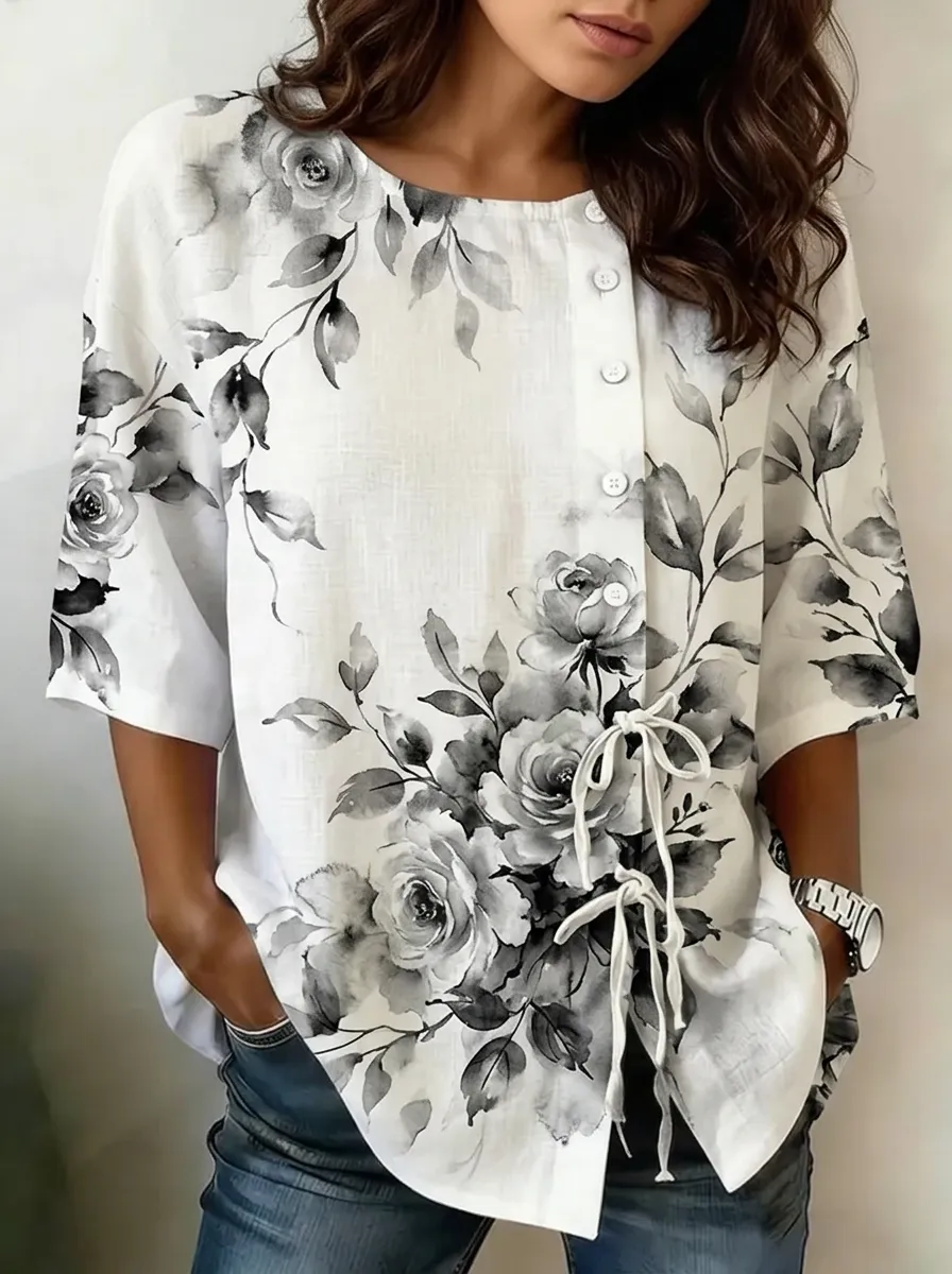 Women's Nashville Floral Rose Black and White Printed Blouse