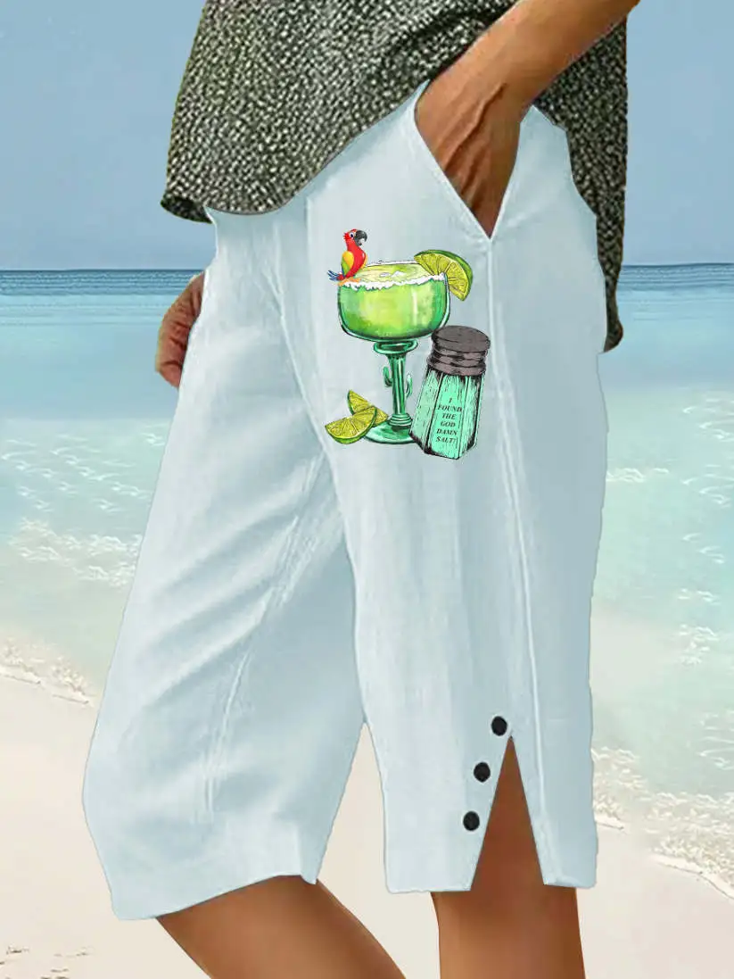 Women's Beach Vacation Parrot Print CottonLinen Shorts