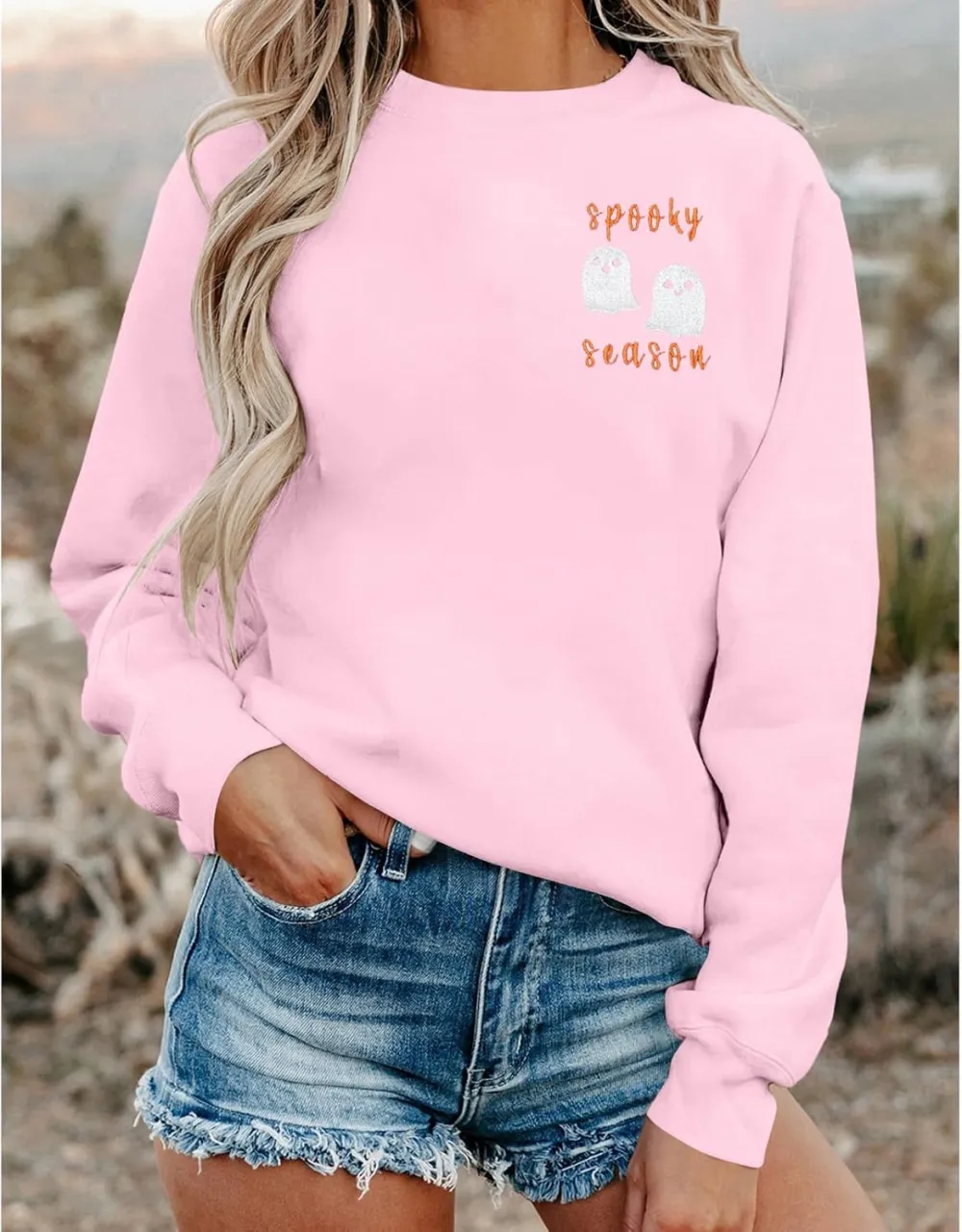 LOTUCY Halloween Sweatshirt Women Cute Spooky Season Sweatshirts Ghost Fall Embroidered Sweater Pullover Top