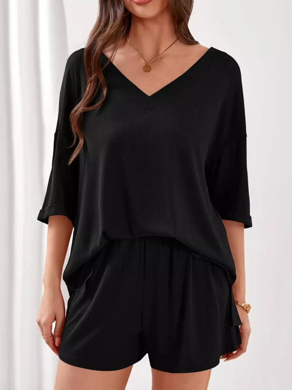 Casual V Neck Top Shorts Set