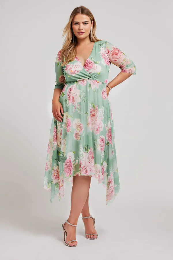 YOURS LONDON Curve Green Floral Print Hanky Hem Dress