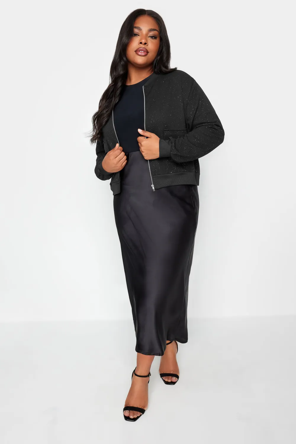YOURS Curve Black Glitter Formal Bomber Jacket