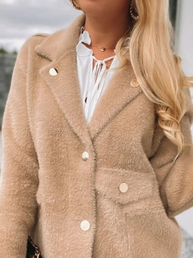 Casual Shawl Collar Plain Long Sleeve Teddy Jacket