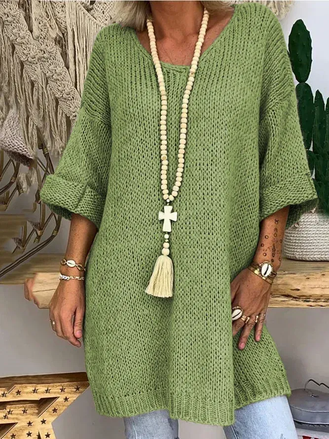 Women 3/4 Sleeves V-Neck Solid Knitted Sweaters