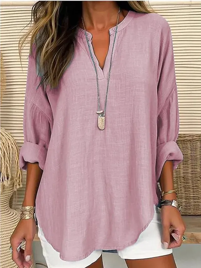 Women's Shirt Blouse Linen White Pink Sky Blue Green Color