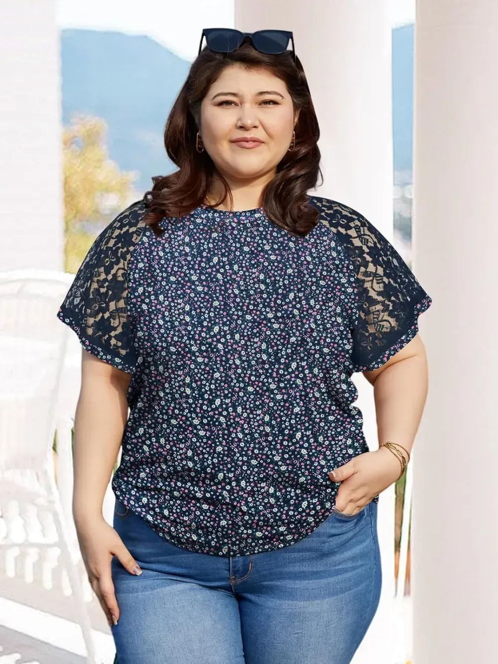 HDLTE Womens Plus Size Tops Floral Bell Sleeves Blouses Summer Crewneck Tunic Loose Casual T Shirts