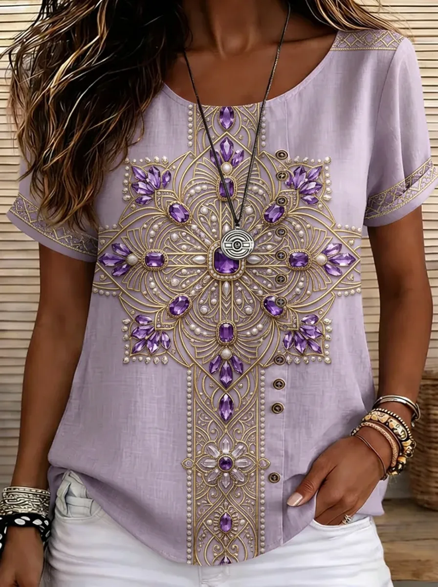 Women's Nashville Theme Purple Gemstone Mandala Printed T-shirt