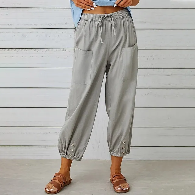 Women's Pants Trousers Linen Cotton Blend Pocket Ankle-Length Black Spring & Summer