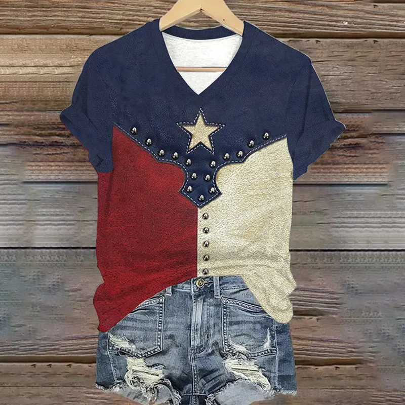 Women's Independence Day Printed V-neck T-shirt