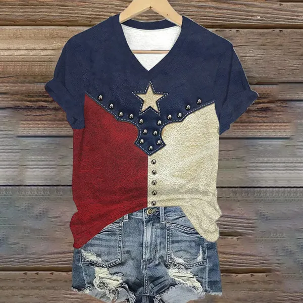 Women's Independence Day Printed V-neck T-shirt