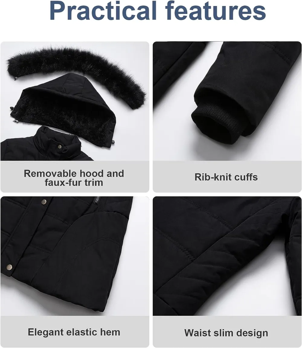 Women's Warm Winter Coat Velvet Puffer Jacket Quilted Faux Fur Hood