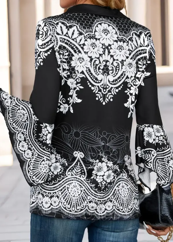 Black Patchwork Floral Print 3/4 Sleeve T Shirt