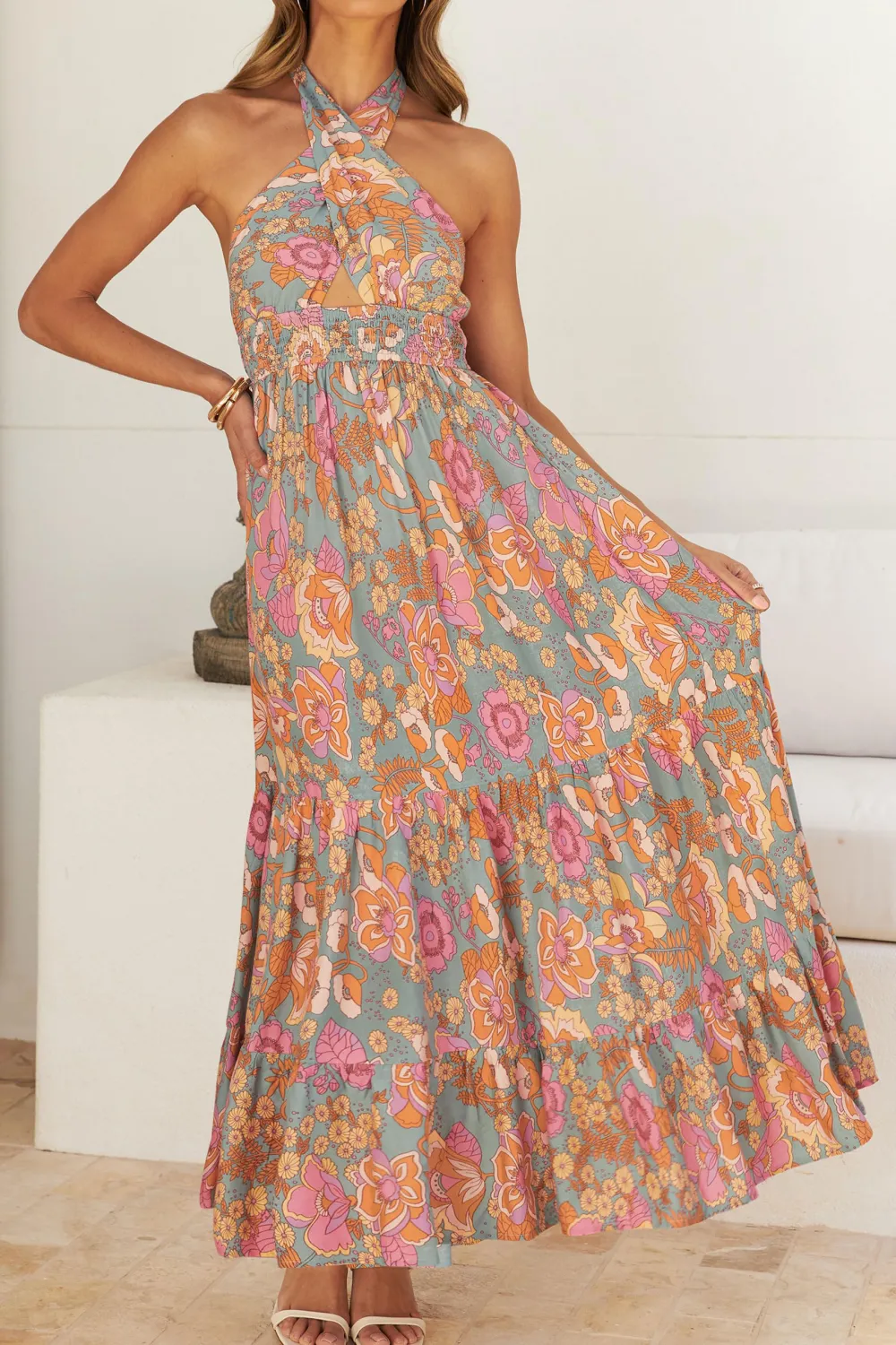 Cross necked flowing A-line long dress - Orange