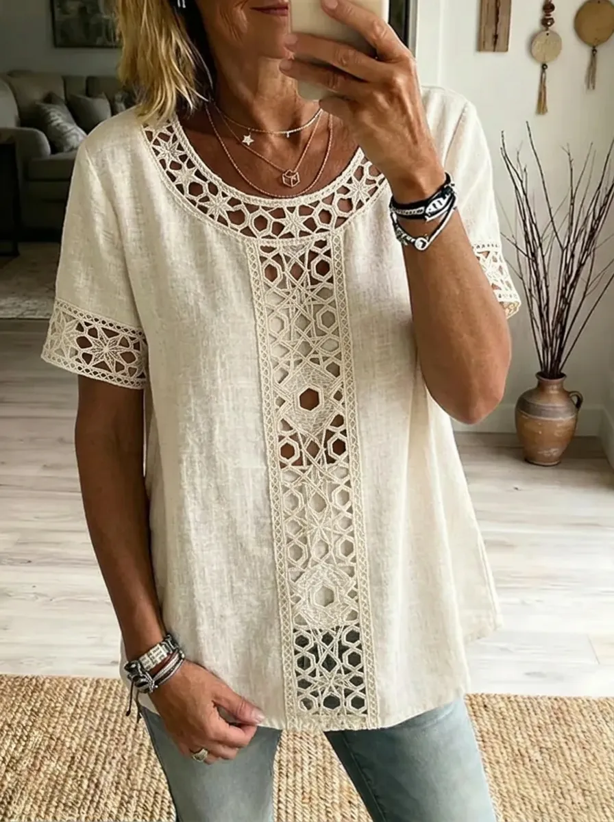 Women's Nashville Country Style Geometric Lace Trimmed Linen Top