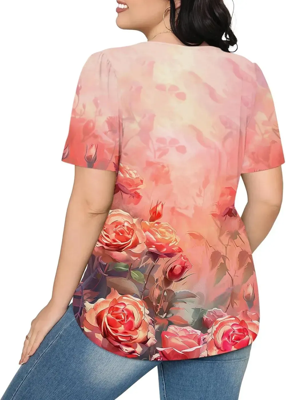 Womens Summer Pleated Front Shirts Tunics Casual Short Sleeved Loose Round Neck Boho Printed Tops Vacation Blouse