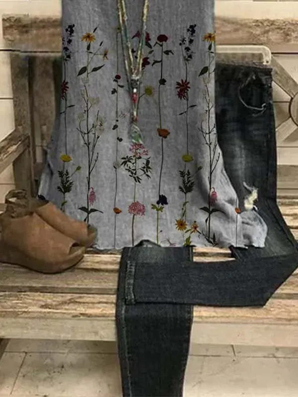Sleeveless Cotton-Blend Floral-Print Casual Shirts & Tops