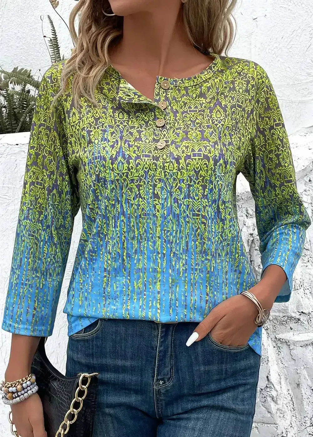 Blue Button Ombre 3/4 Sleeve Round Neck T Shirt
