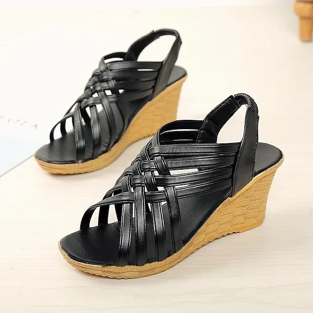 Women's Sandals Wedge Sandals Braided Sandals Party Daily Wedge Heel Open Toe Elegant Casual Faux Leather Elastic Band Braided Black White Brown