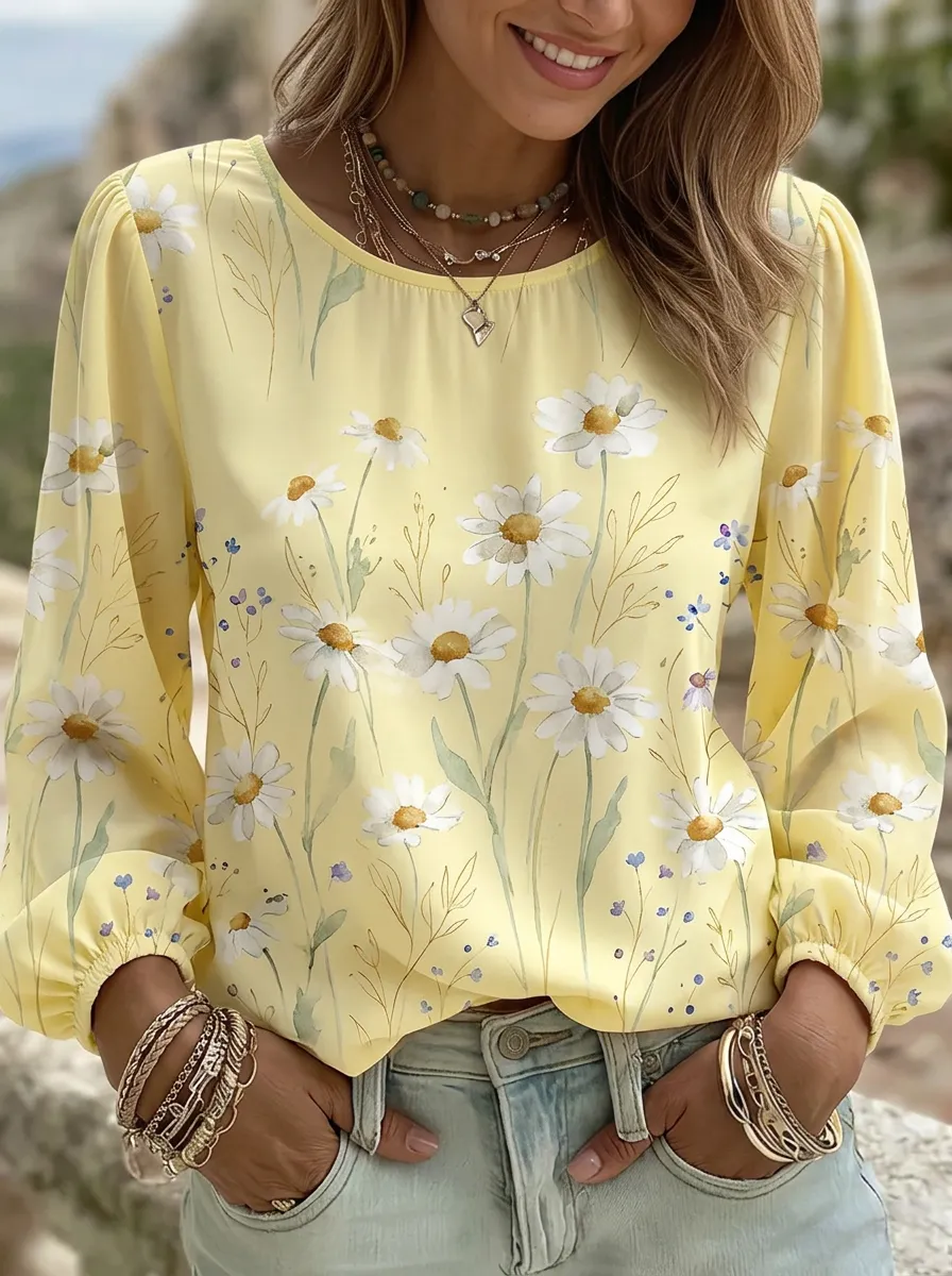 Women's Nashville Floral Daisy Printed Long Sleeve Top