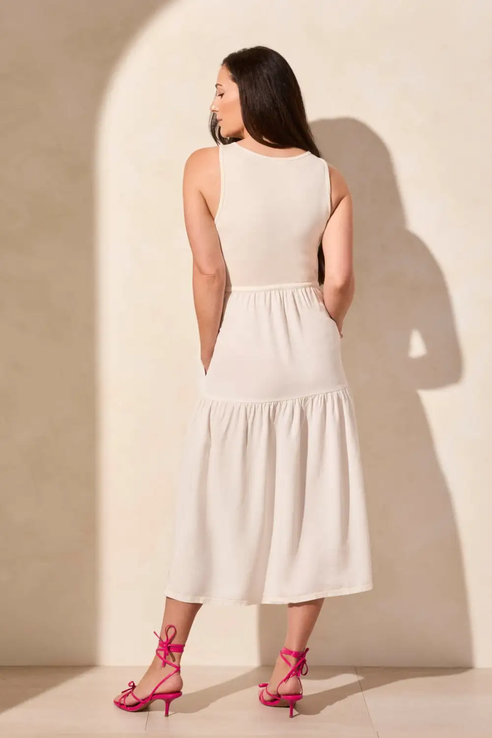 Mixmedia Sleeveless Boat Neck Tiered Midi Dress-Cocomilk