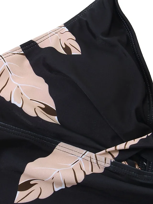 Women's Swimwear Tankini Swim Dress 2 Piece Plus Size Swimsuit Halter 2 Piece Modest Swimwear Open Back Printing Trees / Leaves Black Halter V Wire Bathing Suits New Vacation Fashion