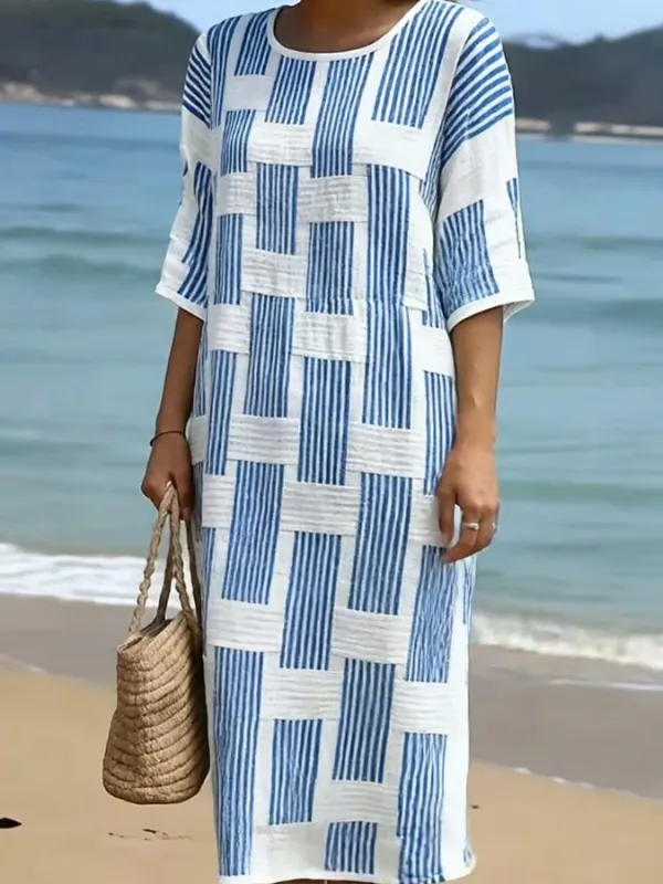 Women's Casual Round Neck Mid Sleeve Print Cotton and Linen Dress