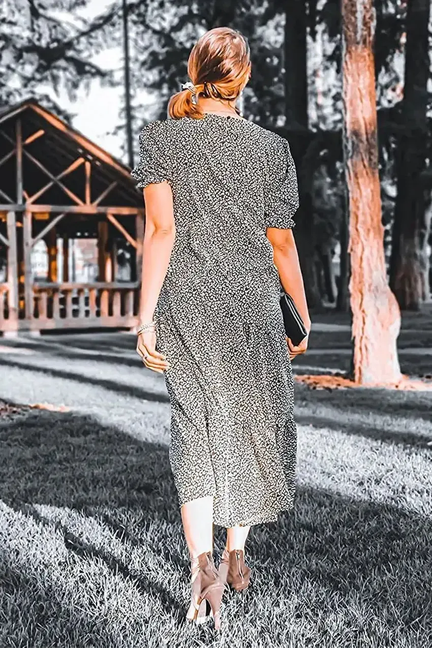 Floral Print Ruffle Puff Sleeve High Waist Midi Dresses