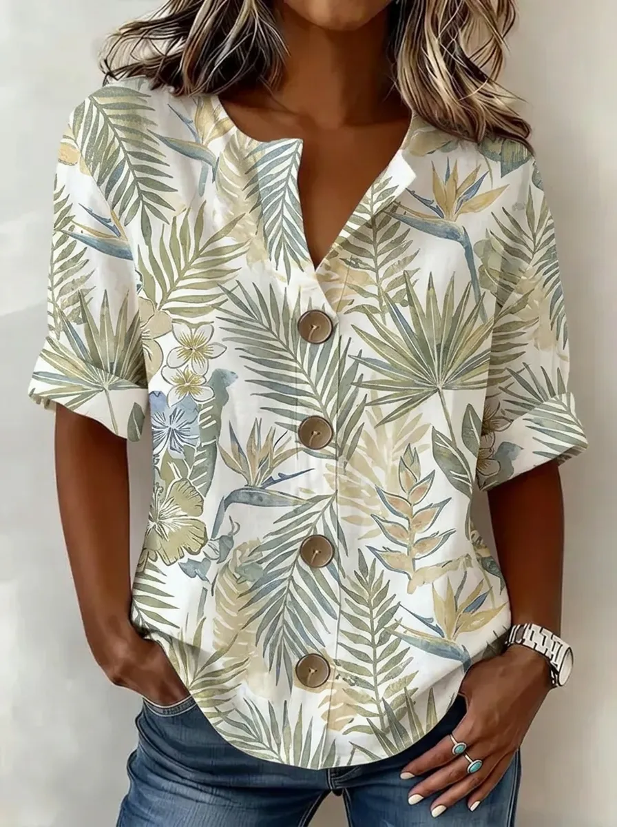 Women's Nashville Tropical Palm Leaf Printed Button Down Shirt