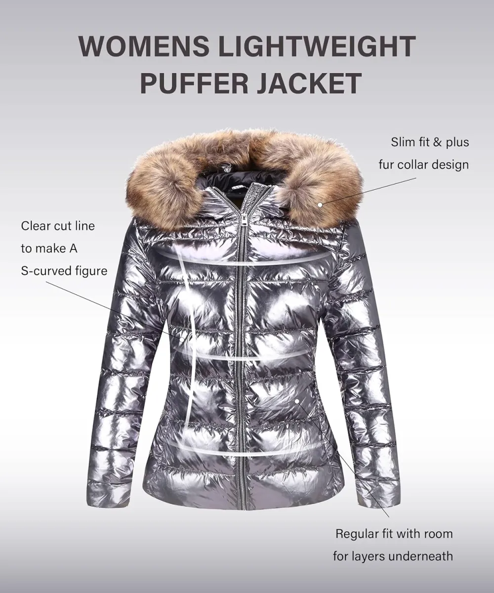 Womens Lightweight Puffer Jacket, Winter Coats for Women Warm Quilted Bubble Padded Hood Coat with Faux Fur Collar