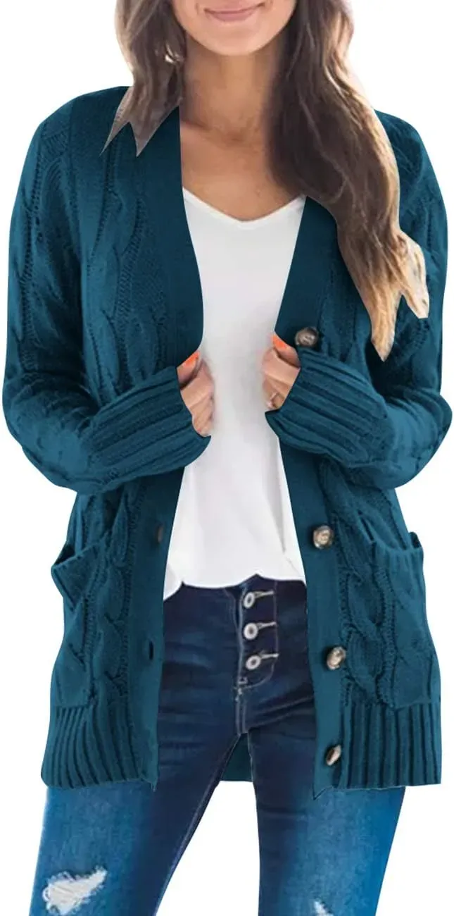 MEROKEETY Women's 2024 Fall Long Sleeve Cable Knit Sweater Open Front Cardigan Button Loose Outerwear