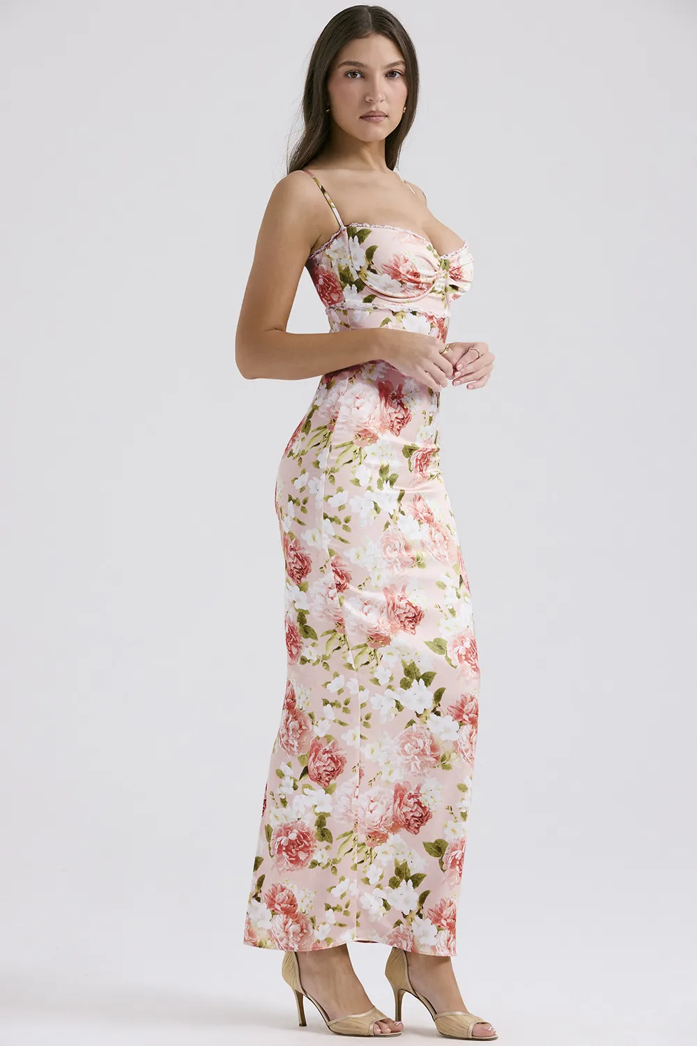PINK PEONY PRINT SATIN MAXI DRESS
