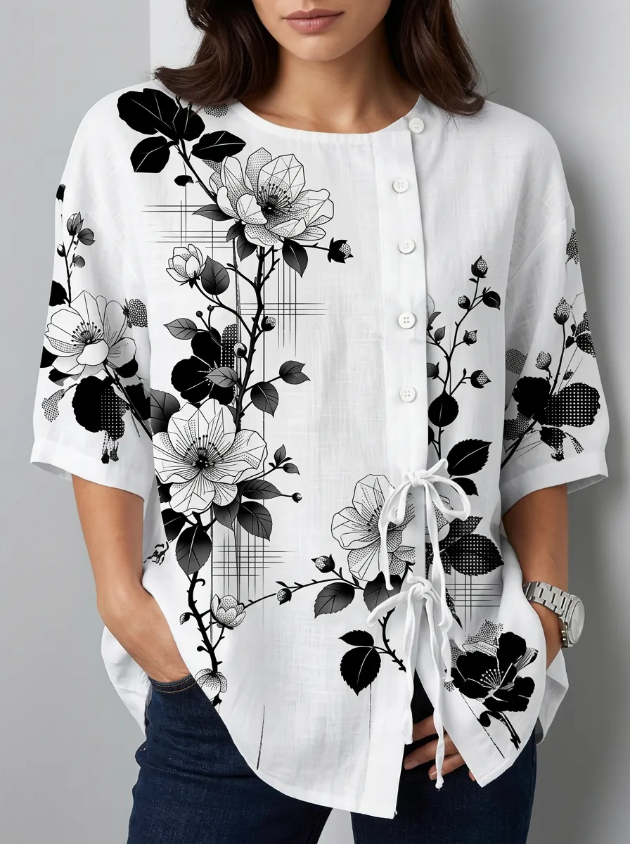 Women's Nashville Floral Botanical Printed Button-Down Shirt