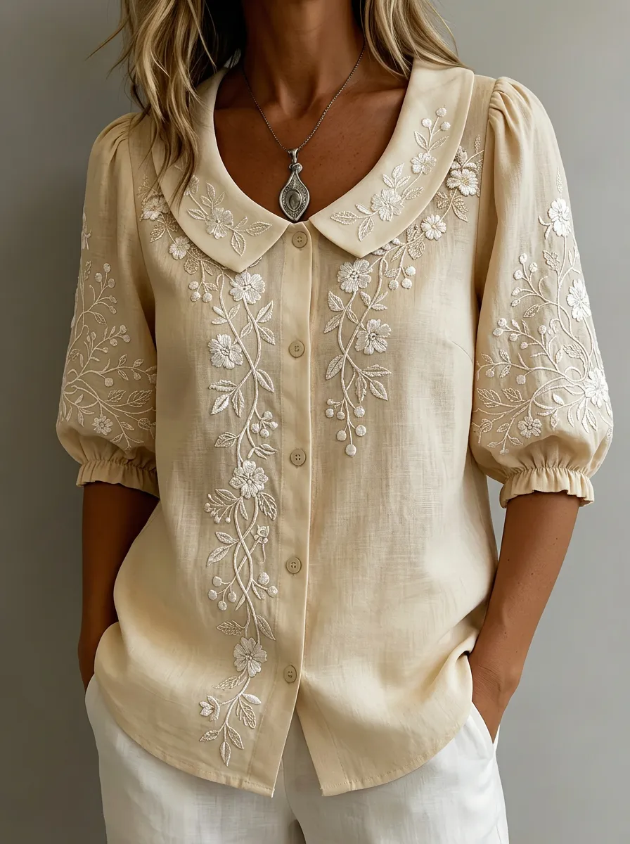 Women's Nashville Floral Embroidery Peter Pan Collar Printed Top
