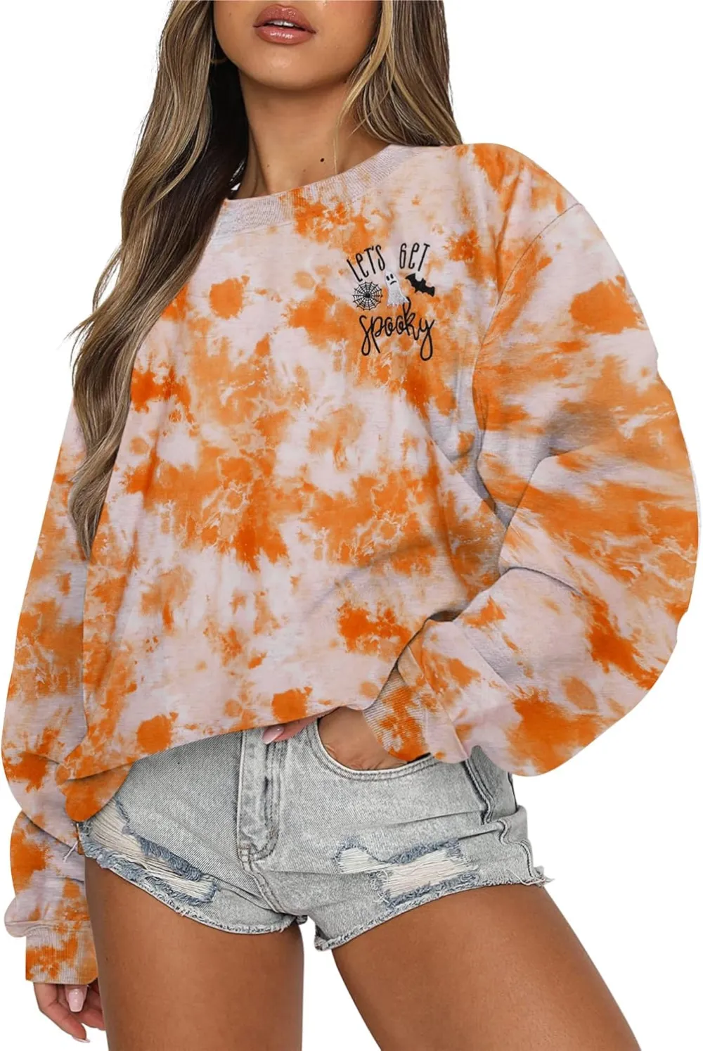 LOTUCY Halloween Sweatshirt Women Cute Spooky Season Sweatshirts Ghost Fall Embroidered Sweater Pullover Top