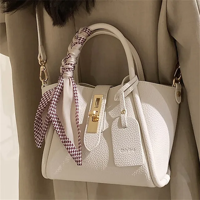 Women's Handbag PU Leather Party Daily Zipper Large Capacity Waterproof Breathable Solid Color Cream white Beige + silk scarf
