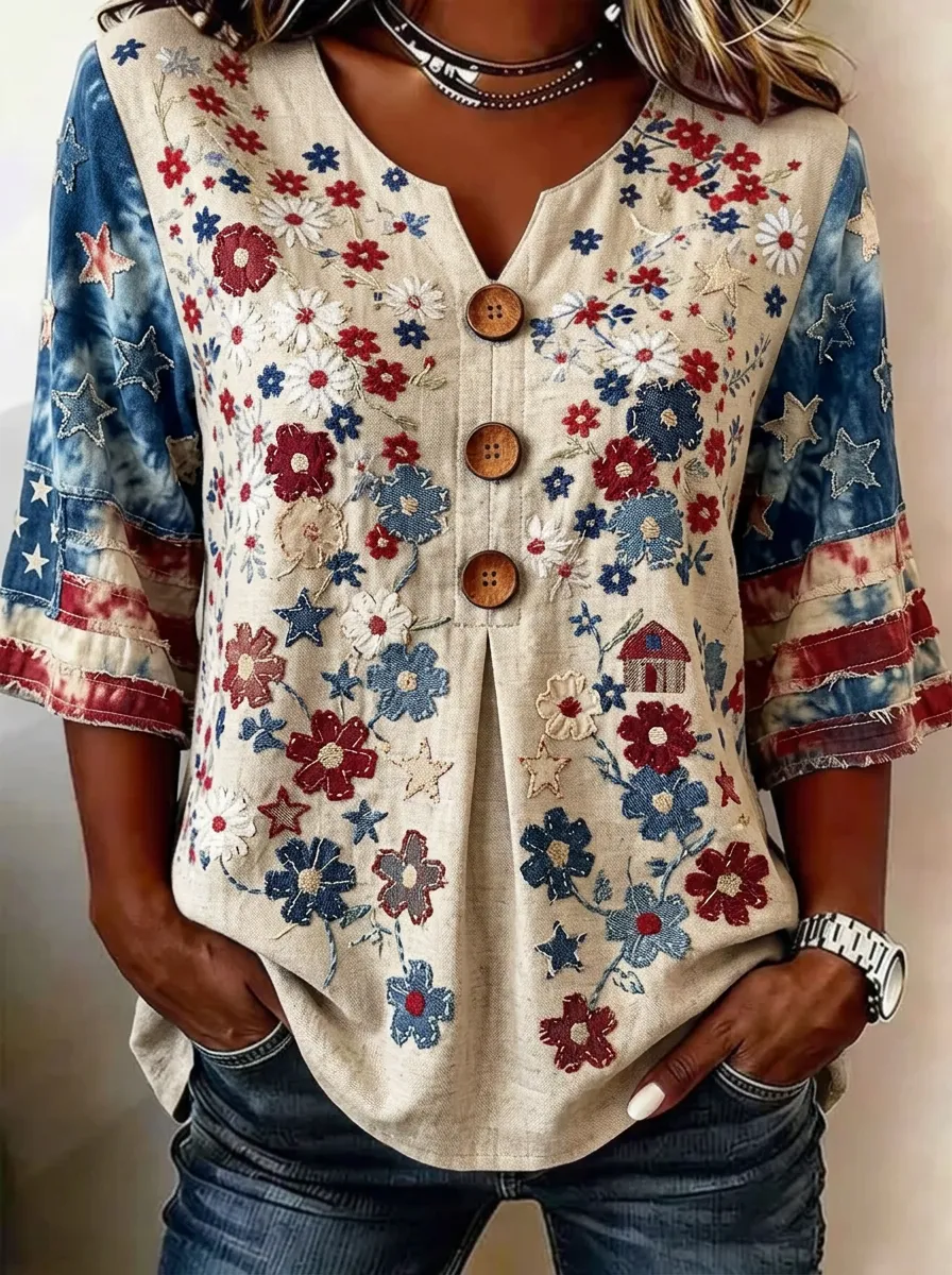 Women's Nashville Floral Star USA Flag Printed V-Neck Top