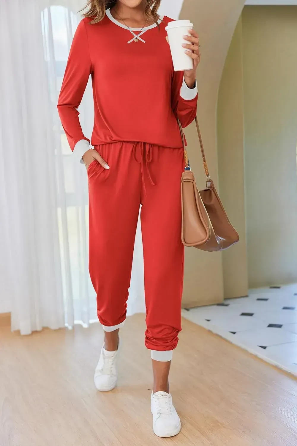 Women's Pajamas Sets Long Sleeve with Plaid Pants Soft Sleepwear O Neck 2 Piece Pjs Joggers Loung Set with Pockets