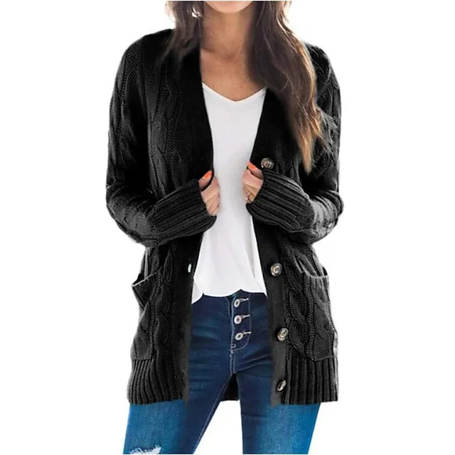 Women's Cardigan Pocket Knitted Button Solid Color Casual Chunky Long Sleeves