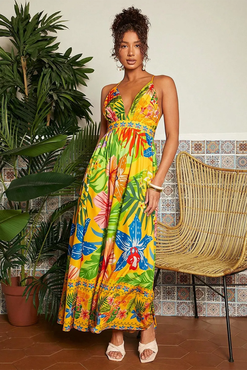 Women's Plant Printed Spaghetti Strap Dress
