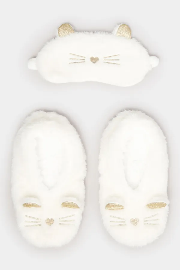White Fluffy Cat Eye Mask & Slipper Set