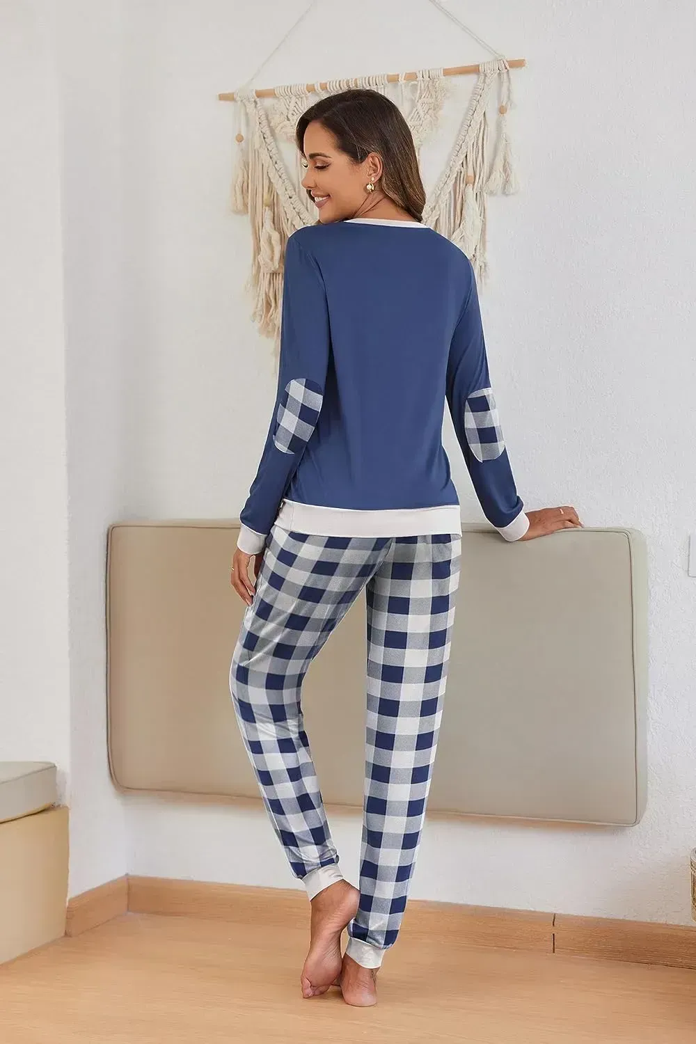 Women's Pajamas Sets Long Sleeve with Plaid Pants Soft Sleepwear O Neck 2 Piece Pjs Joggers Loung Set with Pockets