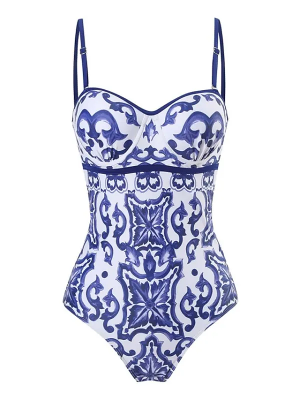 Women's Swimwear One Piece Monokini Normal Swimsuit Tummy Control Open Back Printing Flower Navy Blue Blue Strap Bathing Suits Sexy Vacation Fashion