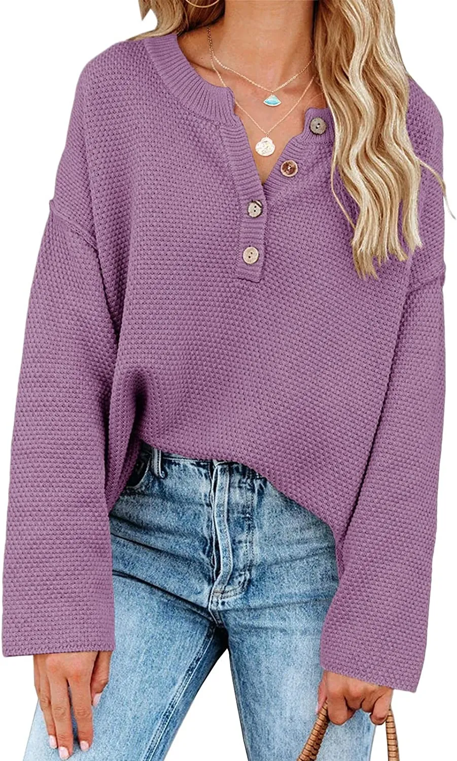 Women's Oversized Sweaters Batwing Long Sleeve Loose V Neck Button Henley Tops Pullover Knit Jumper