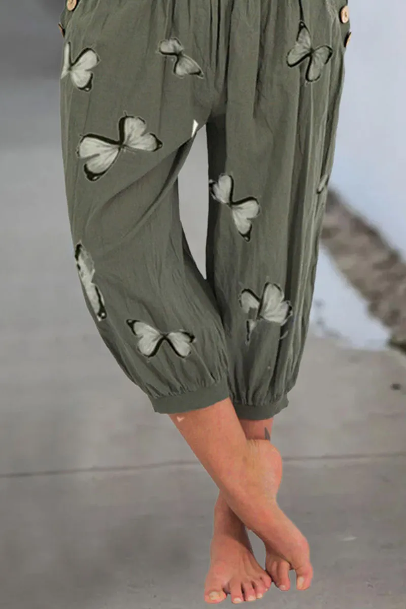 Butterfly Print Pocket Side Capris Pants