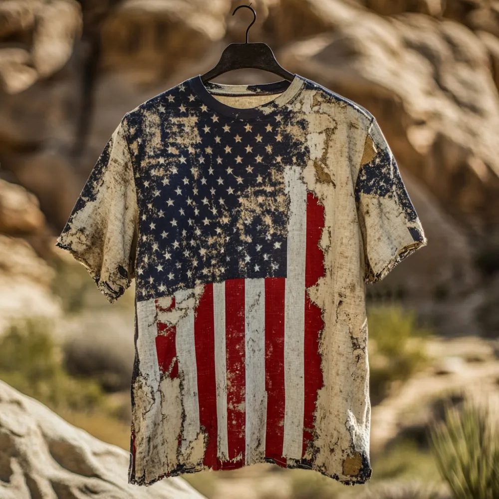 Men's American Independence Day Flag Art Vintage Linen T-shirt